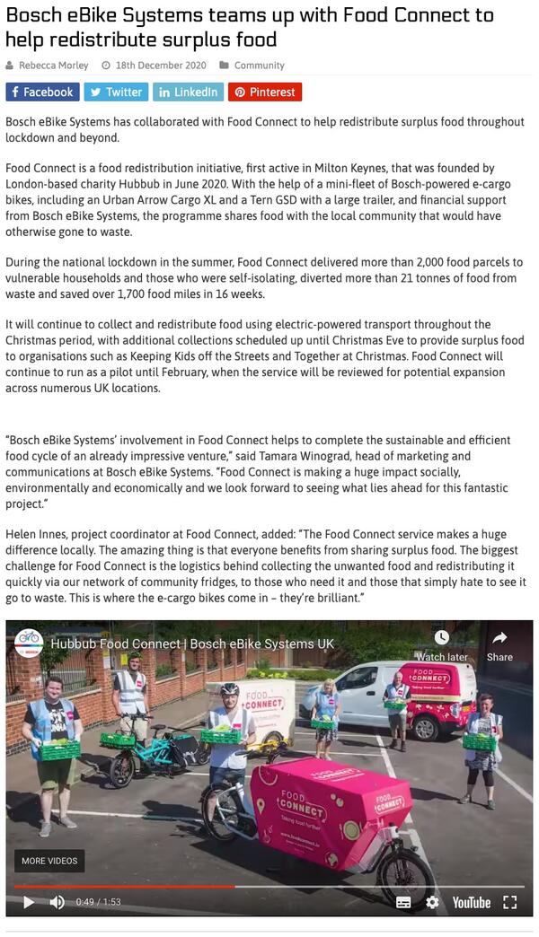 Bosch eBike Systems teams up with Food Connect to help redistribute surplus food