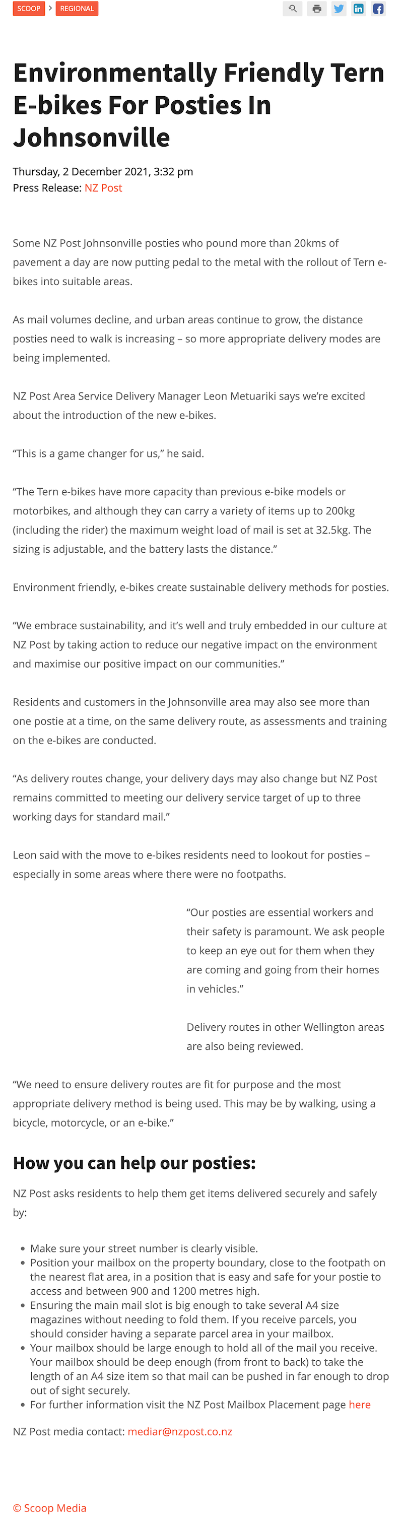 2021.12.02 - Environmentally Friendly Tern E-bikes For Posties In Johnsonville - Scoop