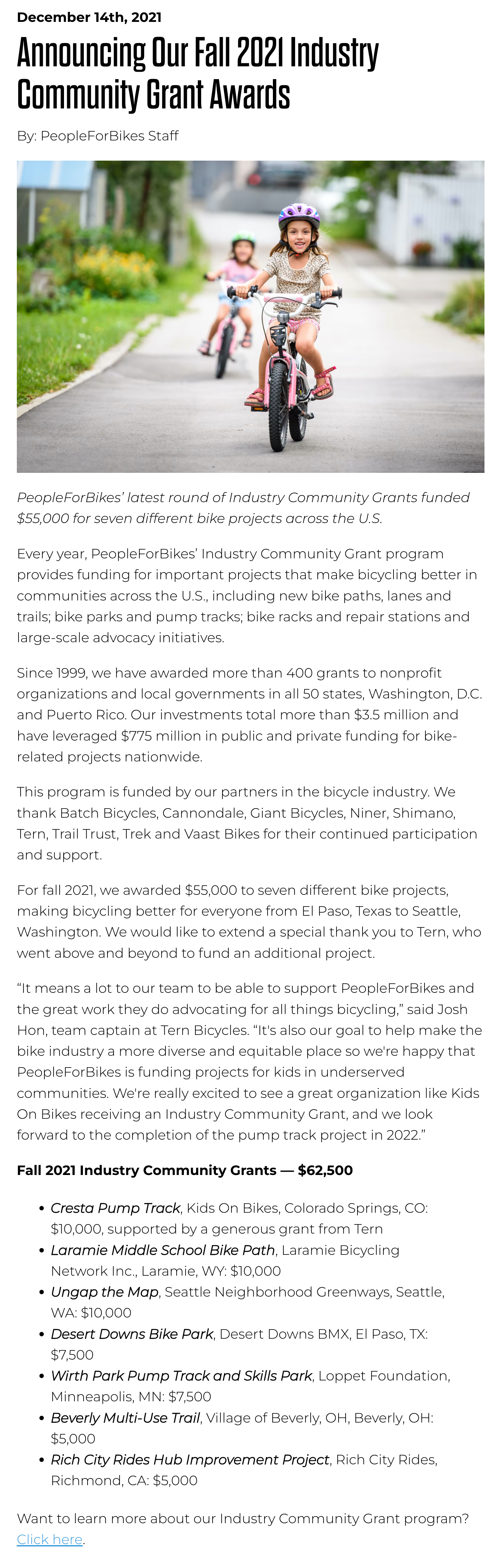 2021.12.14 - Announcing Our Fall 2021 Industry Community Grant Awards - PeopleForBikes