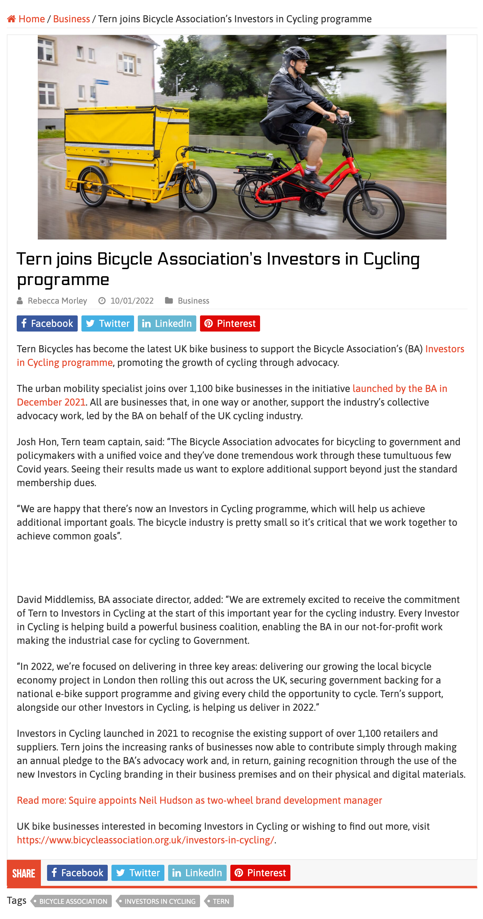 2022.01.10 - Tern joins Bicycle Association’s Investors in Cycling programme - BikeBiz