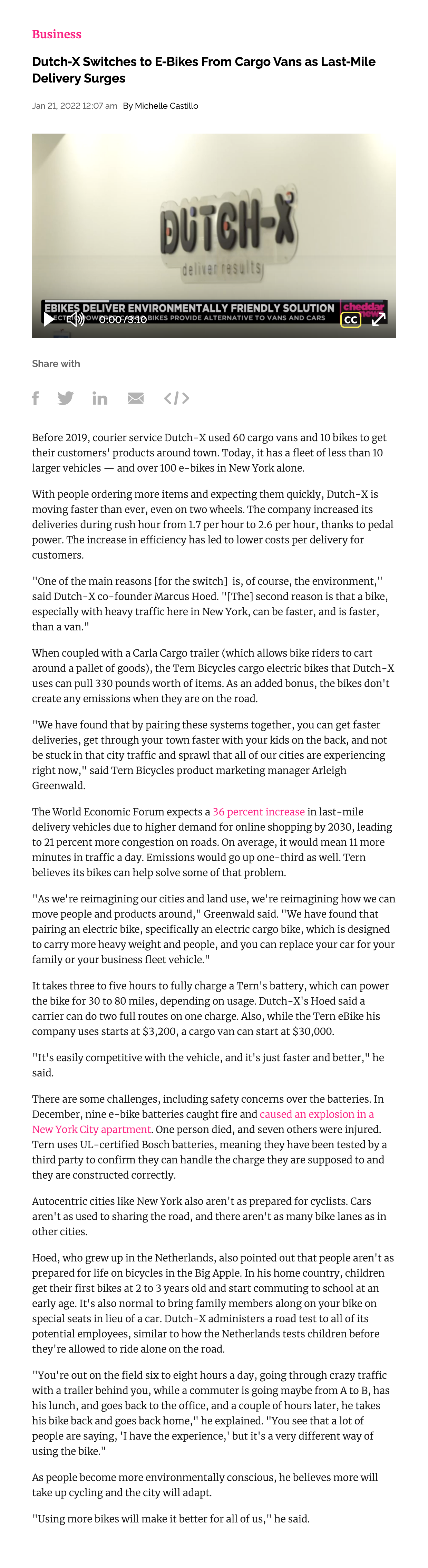 2022.01.21 - Dutch-X Switches to E-Bikes From Cargo Vans as Last-Mile Delivery Surges - Cheddar News