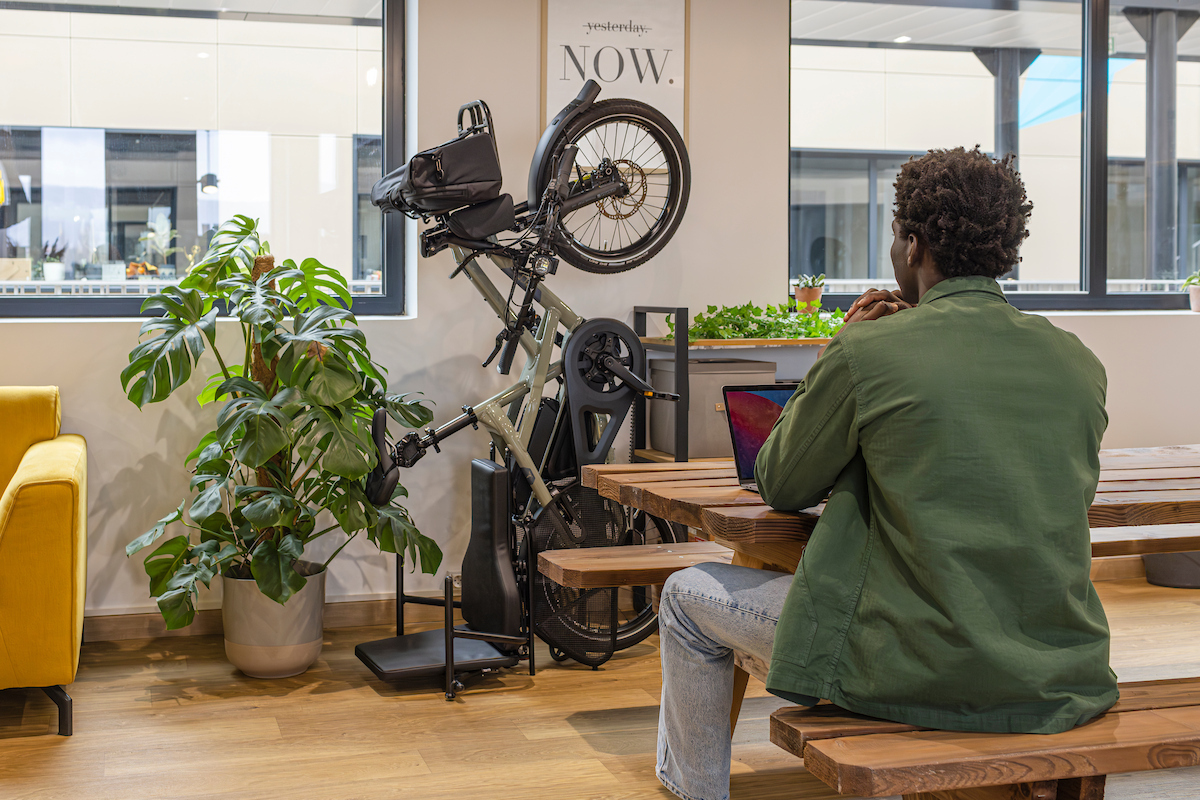 Tern HSD cargo ebike vertically parked in office