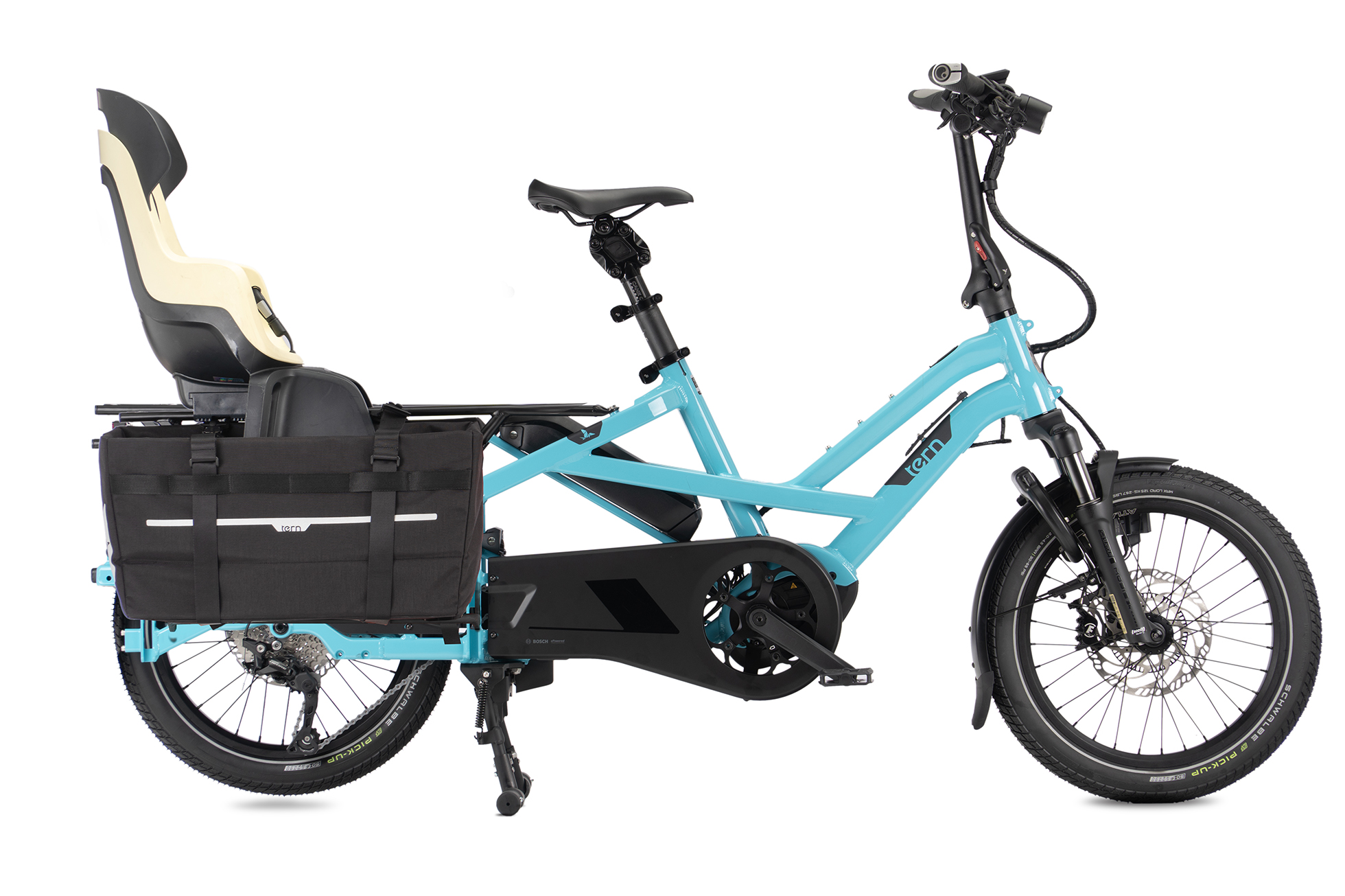 GSD Gen 3 ebike with child seat and Cargo Hold 52 panniers