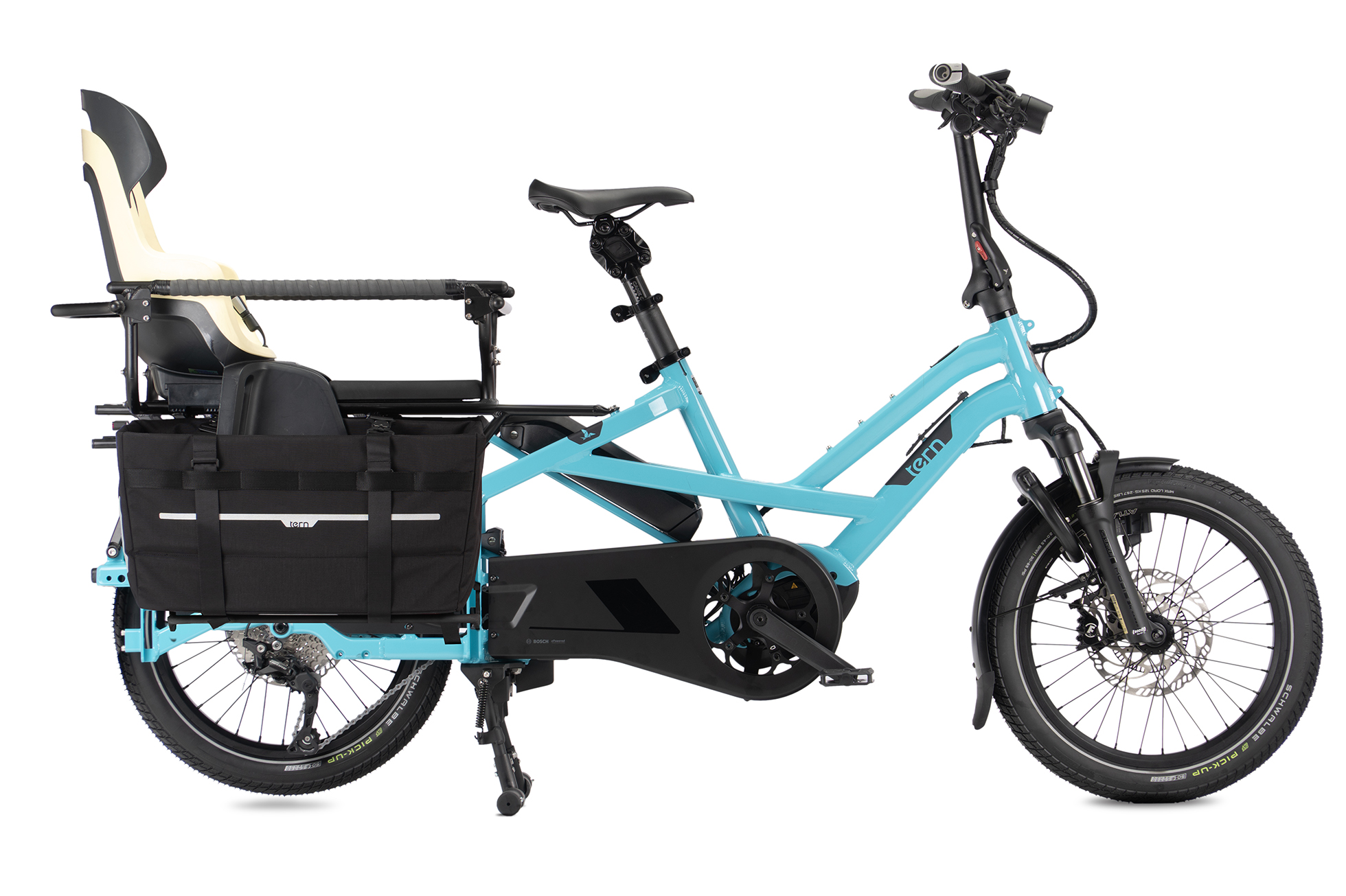 GSD Gen 3 ebike with child seat, seat pad, passenger rails, and cargo hold 52 panniers setup