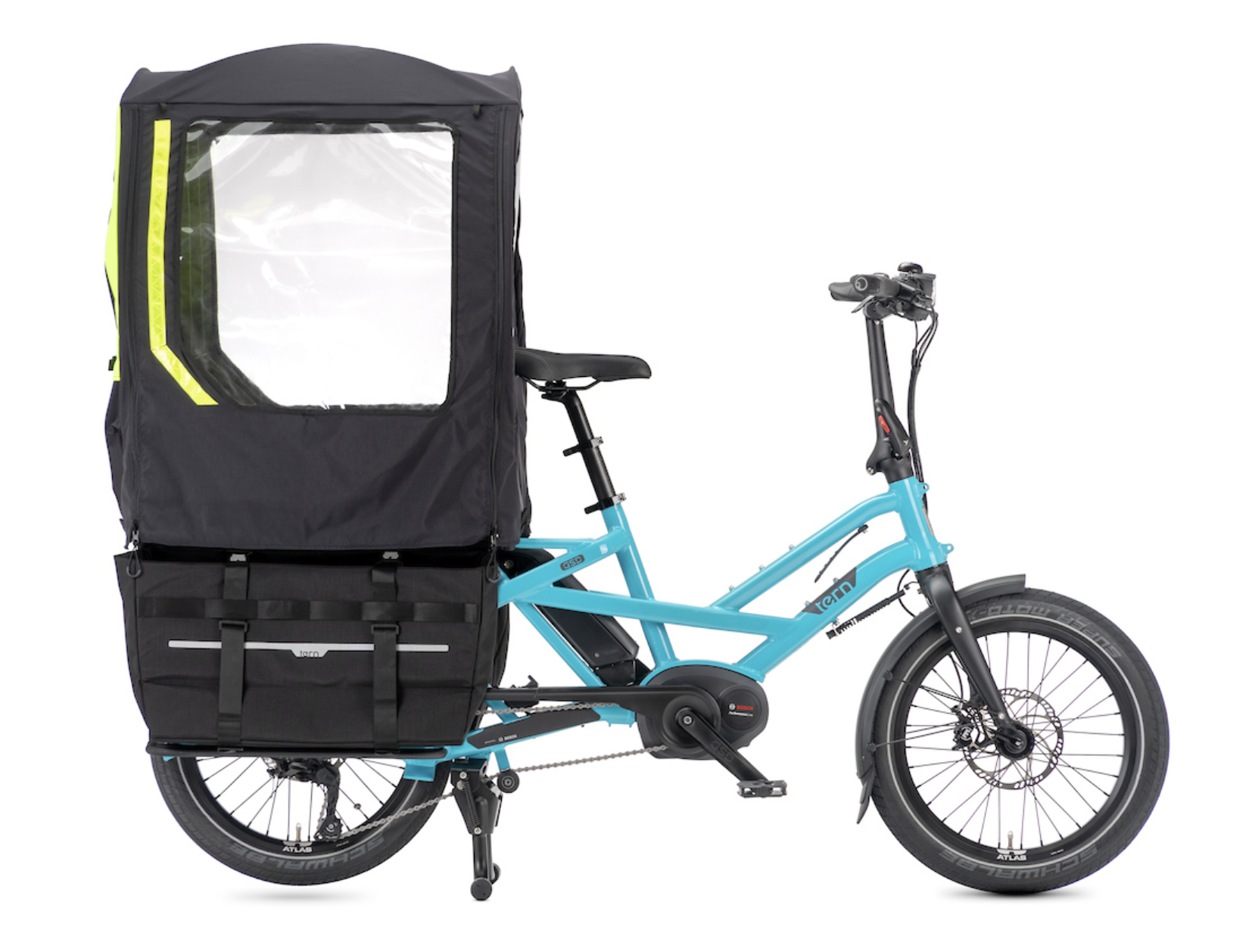 Storm Shield and Cargo Hold 52 panniers on GSD Gen 1 cargo bike
