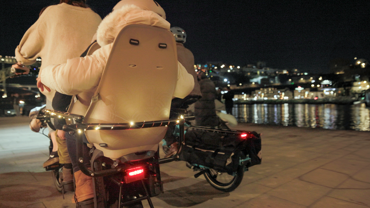 GSD cargo bike with fairy lights on the Clubhouse