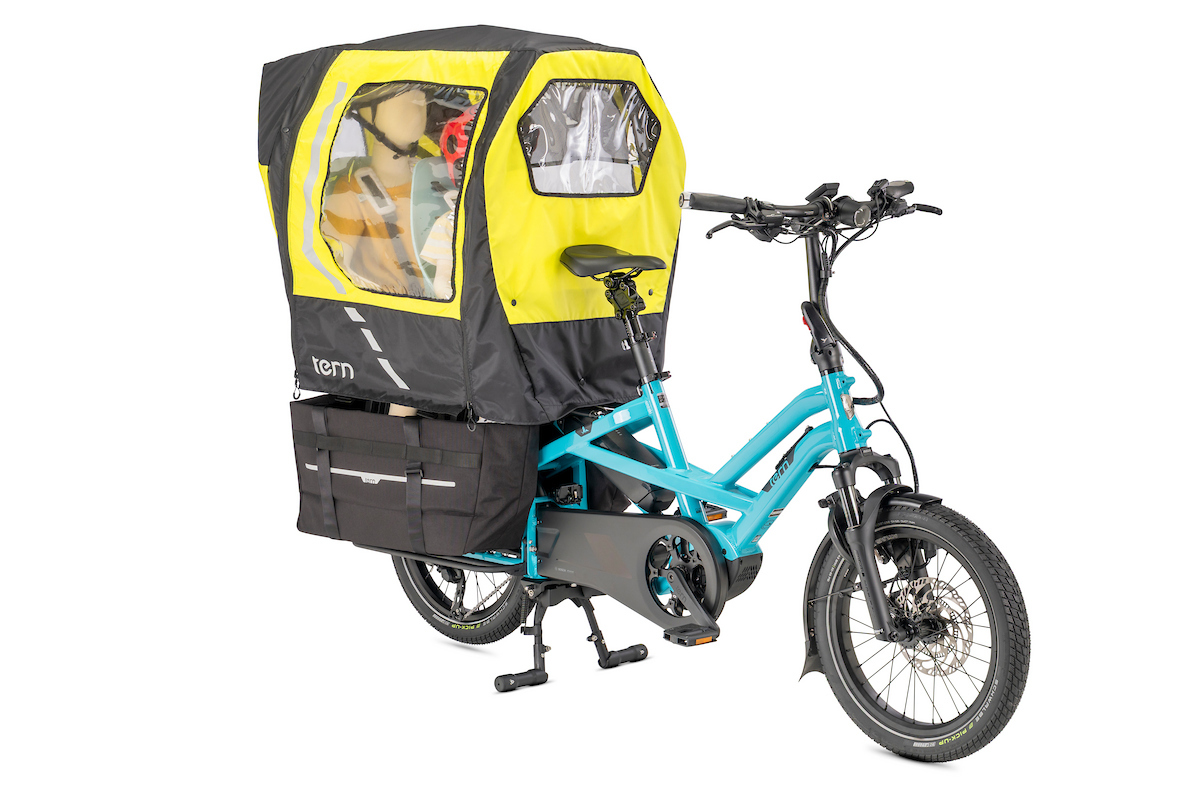 Rain Shield waterproof cover used over the Sun Shield on Tern GSD cargo bike 