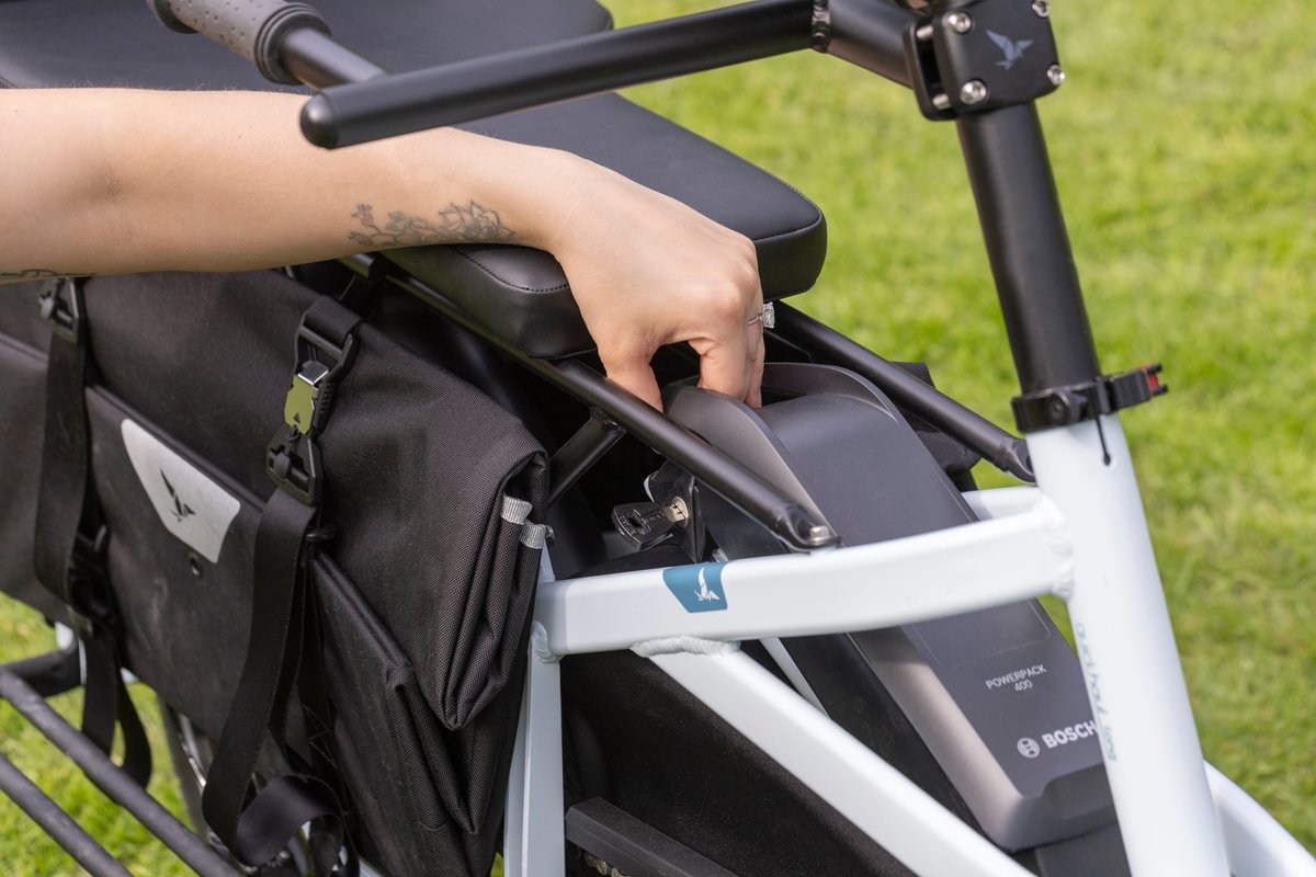 Image of Bosch PowerPack e-bike battery being removed from the Quick Haul Long cargo e-bike