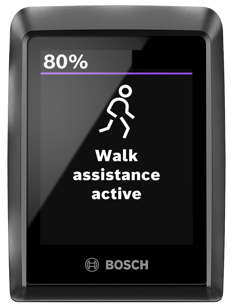 Bosch Smart System Kiox 300 color display showing the Walk Assistance function.