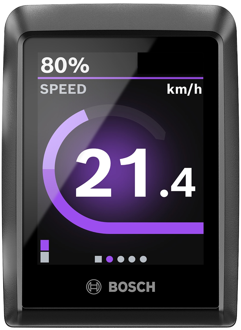 Kiox 300 display showing the current speed and dots at the bottom, indicating the number of screens that are visible when one toggles left or right.