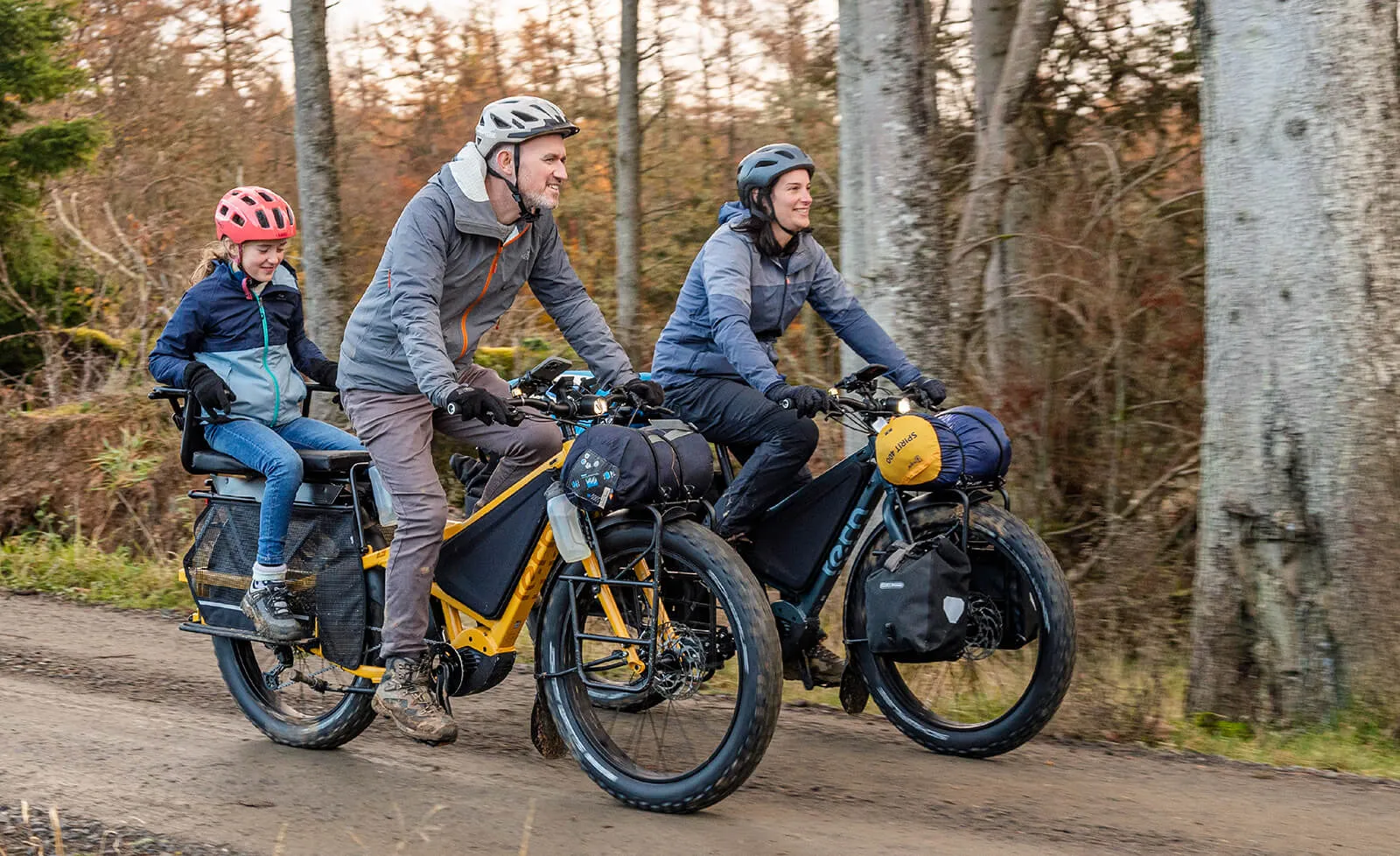 Family riding the ebike Orox in the forest