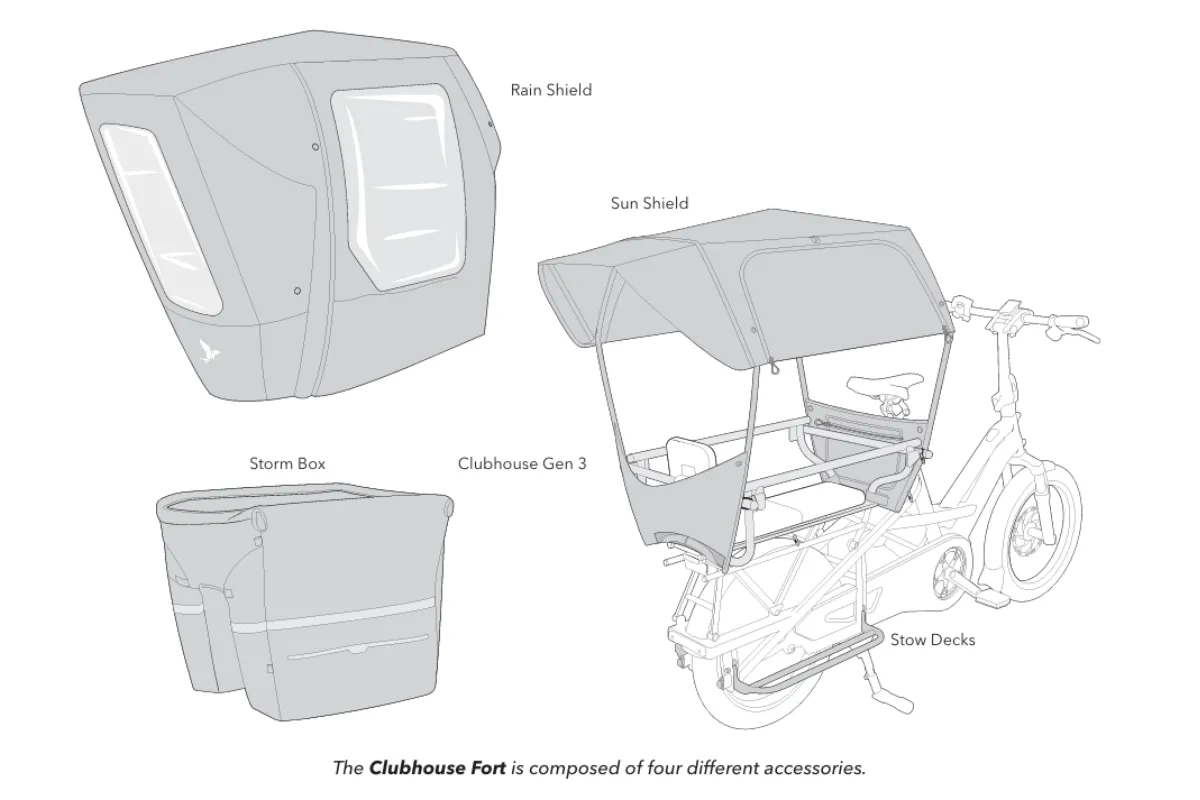 Clubhouse Fort bike weather canopy for Tern cargo ebikes accessory setup with the Sun Shield plus Rain Shield roof.