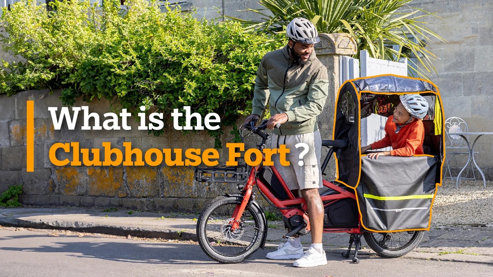 Article banner image showing the Clubhouse Fort weather canopy for kids on the Tern Quick Haul Long cargo e bike.