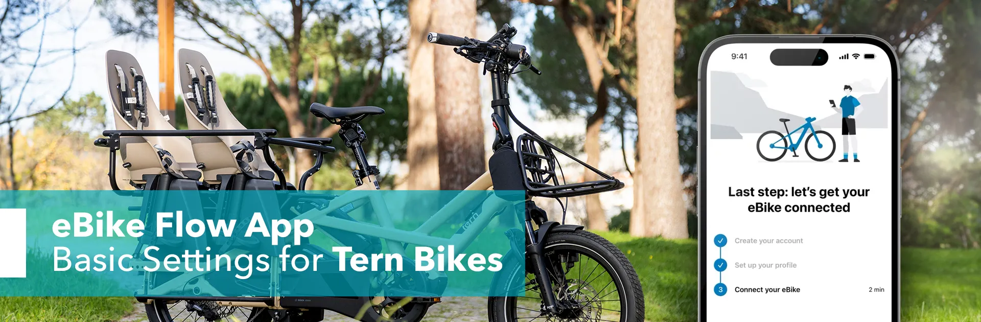 Banner image for an article about the Bosch Flow App settings for Tern Bikes, showing a Tern GSD Gen 3 e cargo bike.