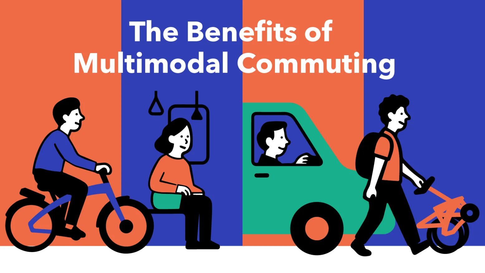 Article banner image showing the four common modes of commuting—cycling, public transit, driving, and walking—and the article title "The Benefits of Multimodal Commuting"