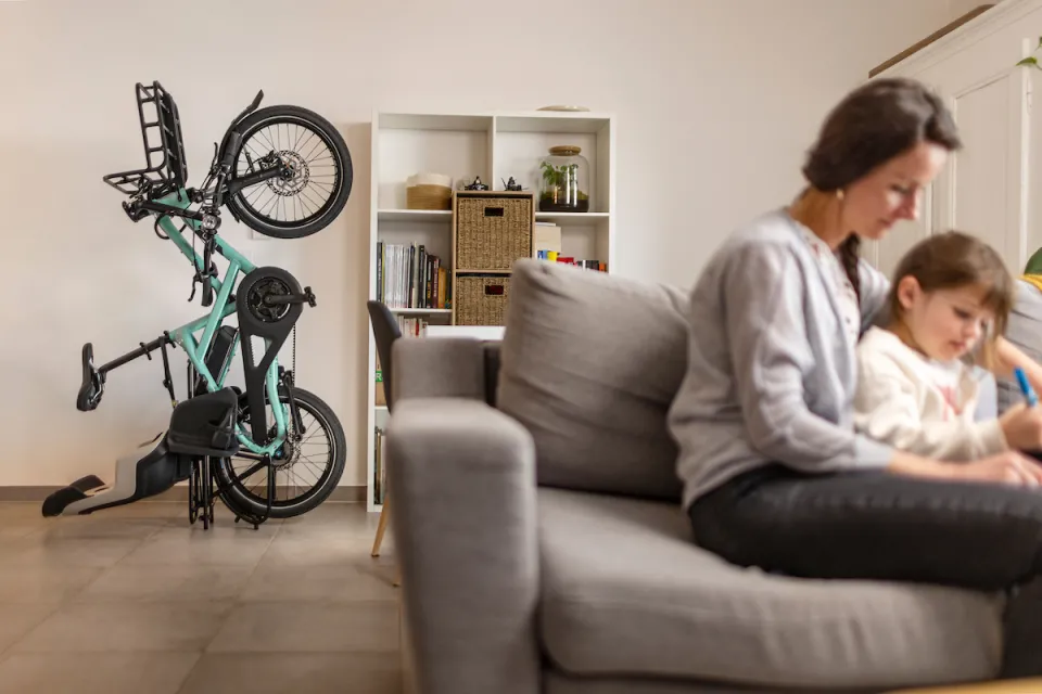 Tern HSD Gen 2 e-bike parked vertically in a living room