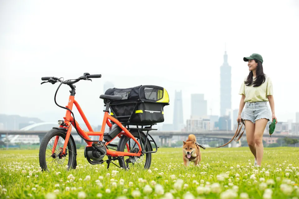 A woman walking her dog on a flower field, with an orange Tern Quick Haul electric bicycle on the foreground.