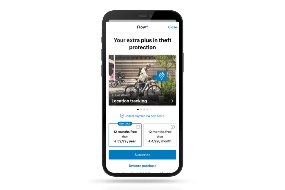 Smartphone showing the Bosch Smart System eBike Flow app's Flow+ subscription page.