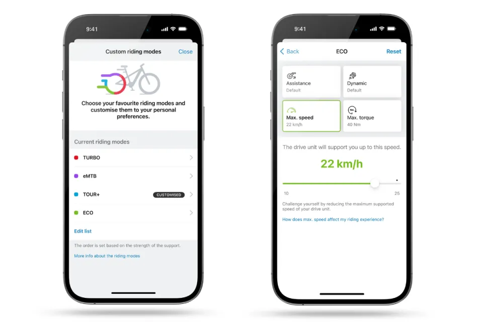 The Bosch Smart System's eBike Flow App screen showing the assist level customization.