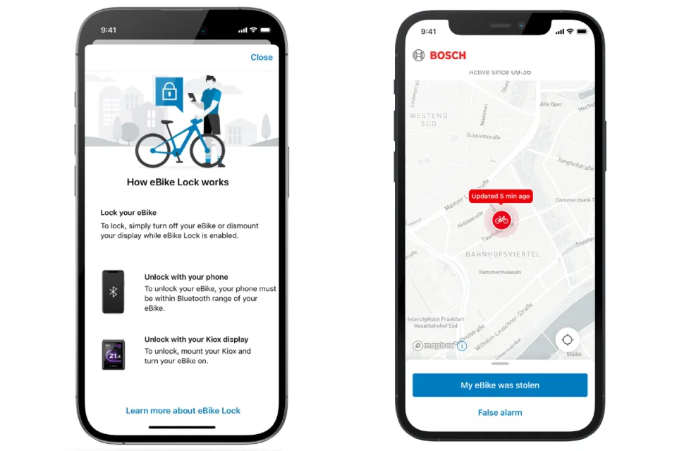 Two smartphones, the one on the left showing the eBike Lock screen, and on the right showing the eBike Alarm function on the Bosch Smart System eBike Flow app.