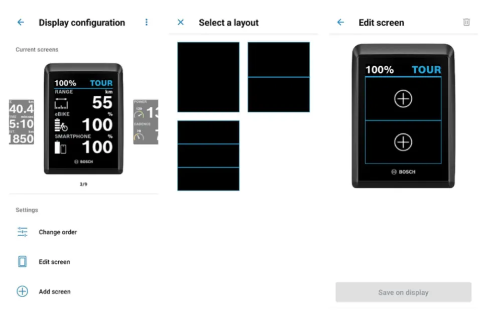 Kiox 300 display configuration options on the eBike Flow App for the Bosch Smart System e bike operating system.
