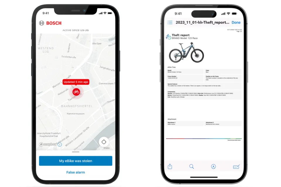 Smartphone screens showing the eBike Alarm and theft report in the Bosch Smart System's eBike Flow app.