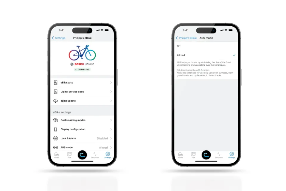The Bosch Smart System's eBike Flow App's Settings tab, where you can edit your bike's data and custom riding modes.