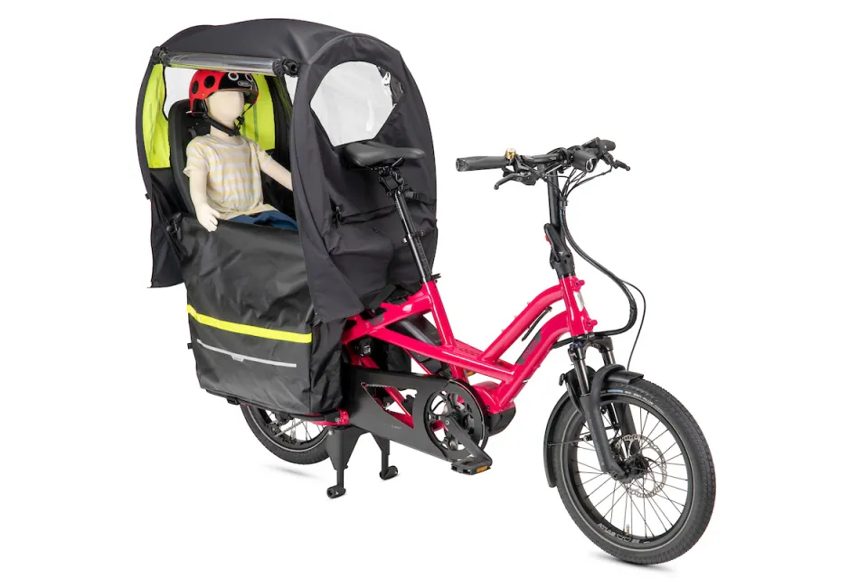 Tern GSD Gen 2 electric cargo bike with the waterproof Clubhouse Fort passenger canopy, using the Storm Shield roof.