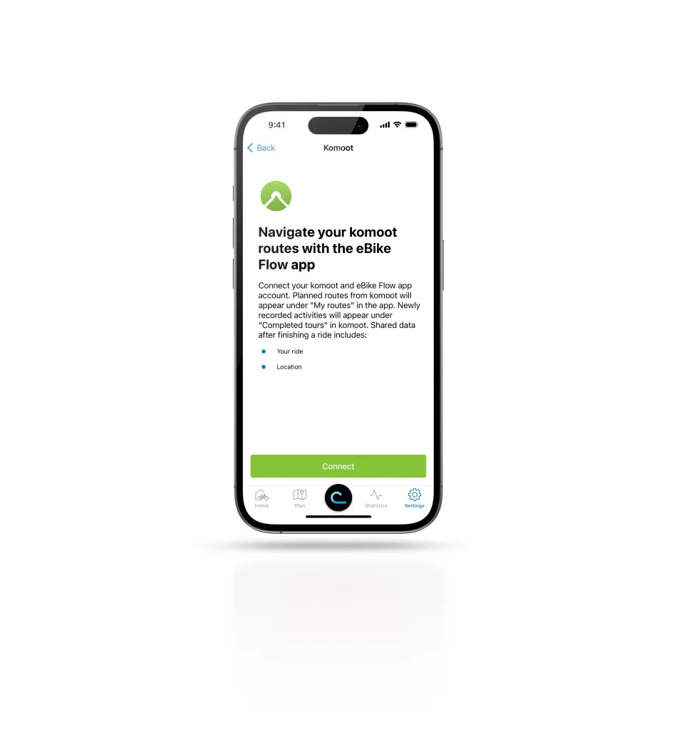 The Bosch Smart System's eBike Flow App landing page to connect the app with Komoot.