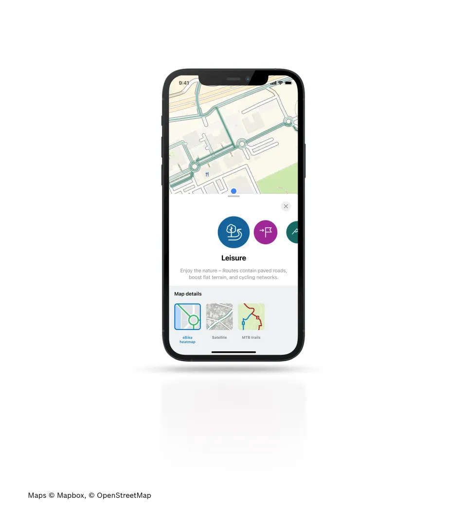 The Bosch Smart System's eBike Flow App's "Plan" Tab, showing the Riding Style options to help you plan the best route for the day.