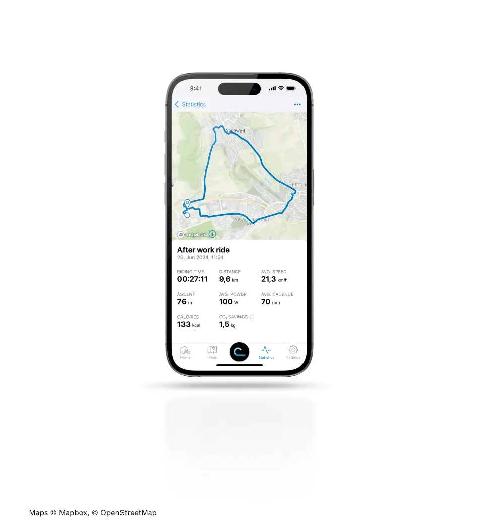 The Bosch Smart System's eBike Flow App's "Statistics" Tab, showing you the data of your previous bike ride.