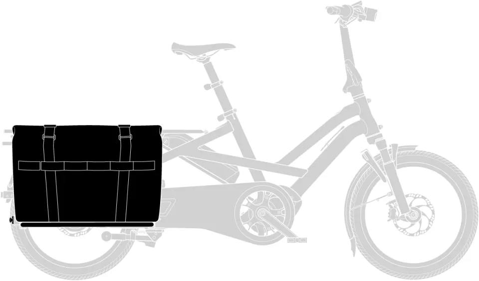 Tern GSD Gen 3 e cargo bike with the Stow Decks side decks for foot and cargo support and the waterproof Tern Cargo Hold 52 Panniers.