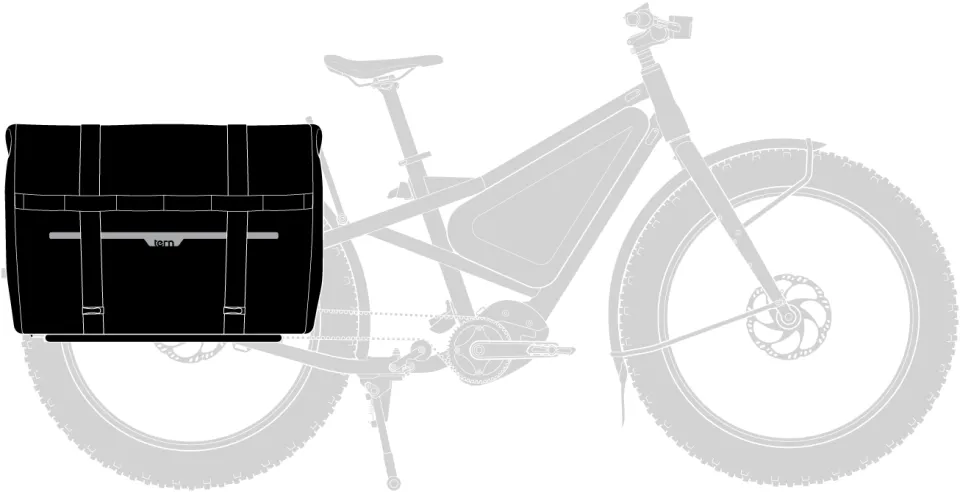 Tern Orox Gen 1 adventure e cargo bike with the Stow Decks side decks for foot and cargo support and the waterproof Cargo Hold 72 Panniers.