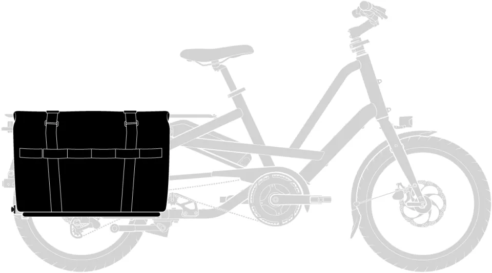 Tern Quick Haul Long Gen 1 e cargo bike with the Stow Decks side decks for foot and cargo support and the waterproof Cargo Hold 52 Panniers.