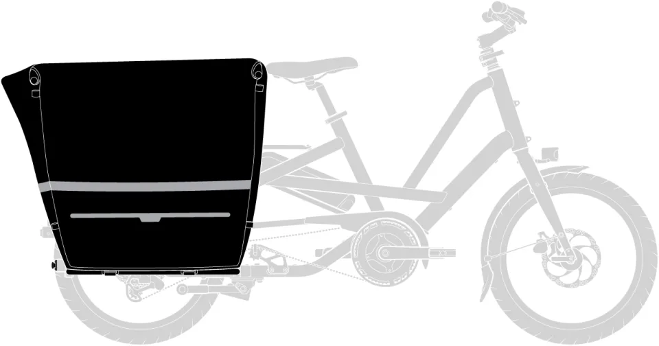 Tern Quick Haul Long Gen 1 e cargo bike with the Stow Decks side decks for foot and cargo support and the waterproof Storm Box cargo bike bucket.
