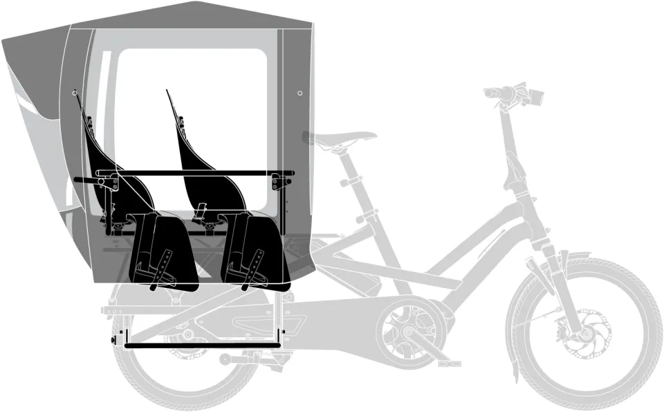 Tern Rain Shield Gen 1 add-on rain canopy for kids with two child seats in a Clubhouse and the Stow Decks footrest positioned on a Tern e cargo bike's rear rack.
