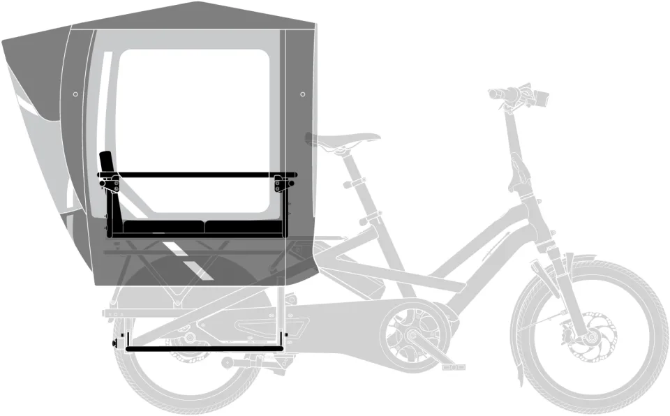 Tern Rain Shield Gen 1 add-on rain canopy for kids with two Sidekick Seat Pads in a Clubhouse and the Stow Decks footrest positioned on a Tern e cargo bike's rear rack.