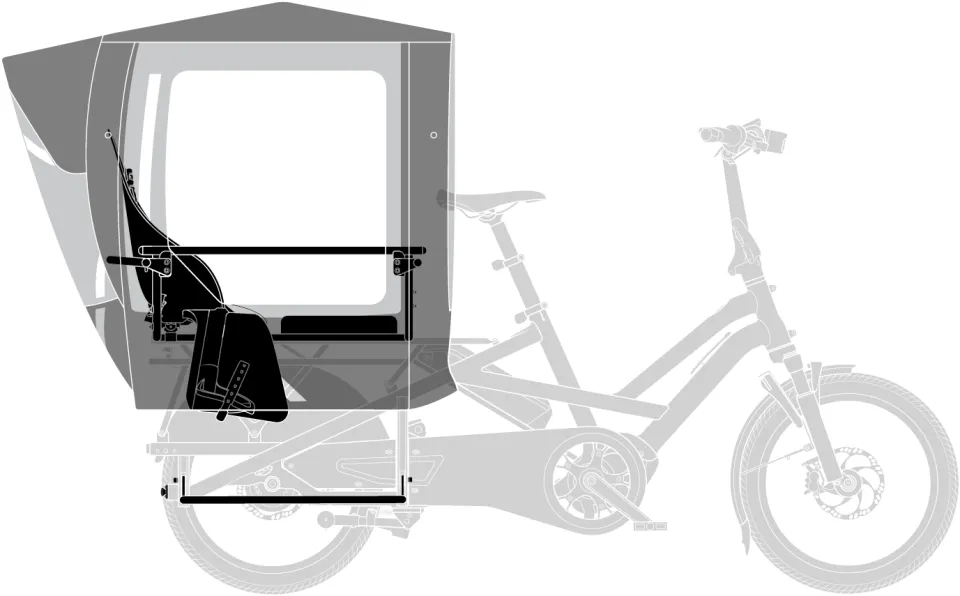 Tern Rain Shield Gen 1 add-on rain canopy for kids with one child seat and a Sidekick Seat Pad in a Clubhouse and the Stow Decks footrest positioned on a Tern e cargo bike's rear rack.