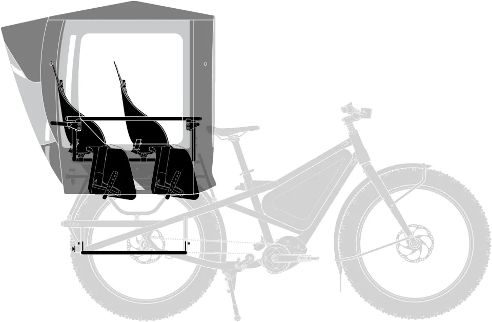 Tern Rain Shield Gen 1 add-on rain canopy for kids with two child seats in a Clubhouse and the Stow Decks footrest positioned on a Tern Orox adventure e cargo bike's rear rack.