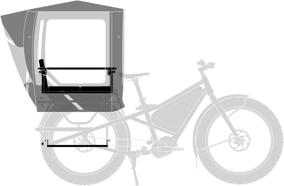 Tern Rain Shield Gen 1 add-on rain canopy for kids with two Sidekick Seat Pads in a Clubhouse and the Stow Decks footrest positioned on a Tern Orox adventure e cargo bike's rear rack.