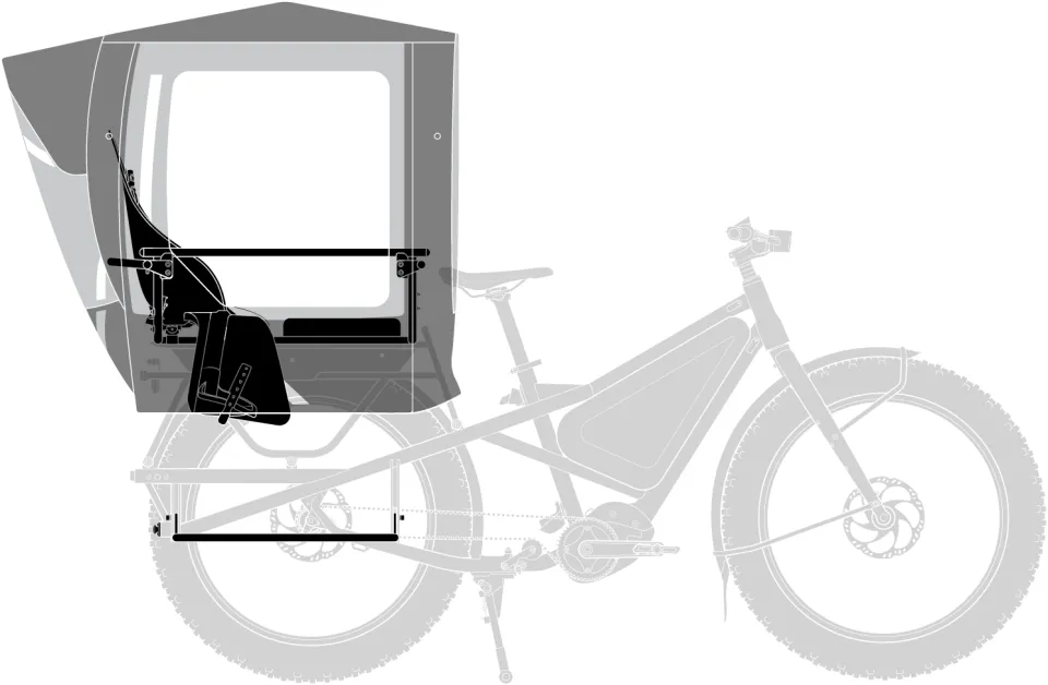 Tern Rain Shield Gen 1 add-on rain canopy for kids with one child seat and a Sidekick Seat Pad in a Clubhouse and the Stow Decks footrest positioned on a Tern Orox adventure e cargo bike's rear rack.