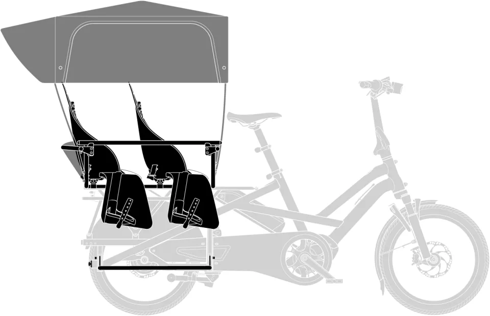 Sun Shield Gen 1 weather canopy for kids with two child seats and the Stow Decks footrest positioned on a Tern e cargo bike's rear rack.