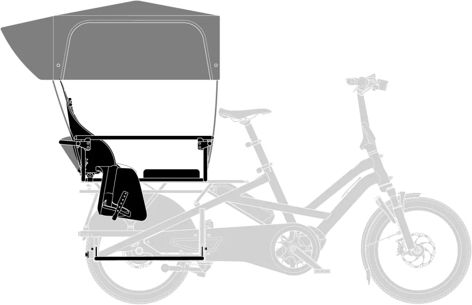 Sun Shield Gen 1 weather canopy for kids with one child seat, a Sidekick Seat Pad, and the Stow Decks footrest positioned on a Tern e cargo bike's rear rack.