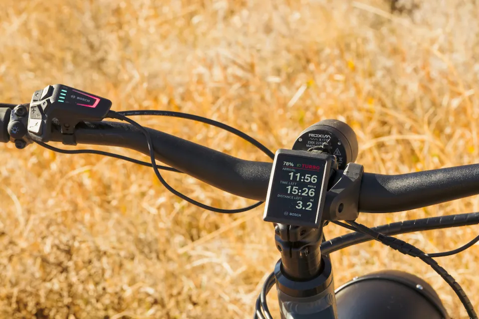 Bosch Smart System LED remote with Kiox 300 display in Turbo mode on the Tern Orox adventure e-cargo bike.