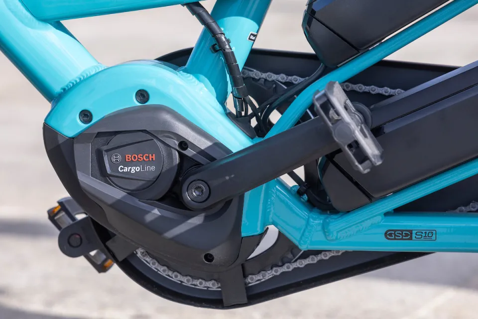 Closeup of the Bosch Cargo Line motor on a Beetle Blue Tern GSD Gen 3 cargo electric bike.