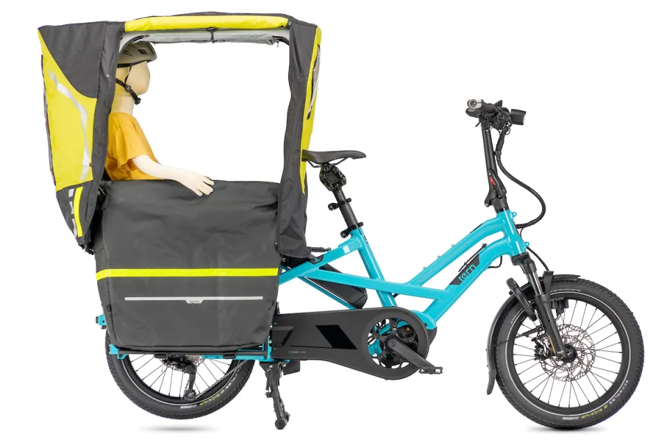 Tern GSD Gen 3 electric cargo bike with the waterproof Clubhouse Fort passenger canopy, using the combined Sun Shield and add-on Rain Shield roof.