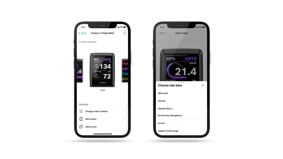 The Bosch Smart System's eBike Flow app. display configuration screen, where you can switch your e bike's Kiox 300 display layout.