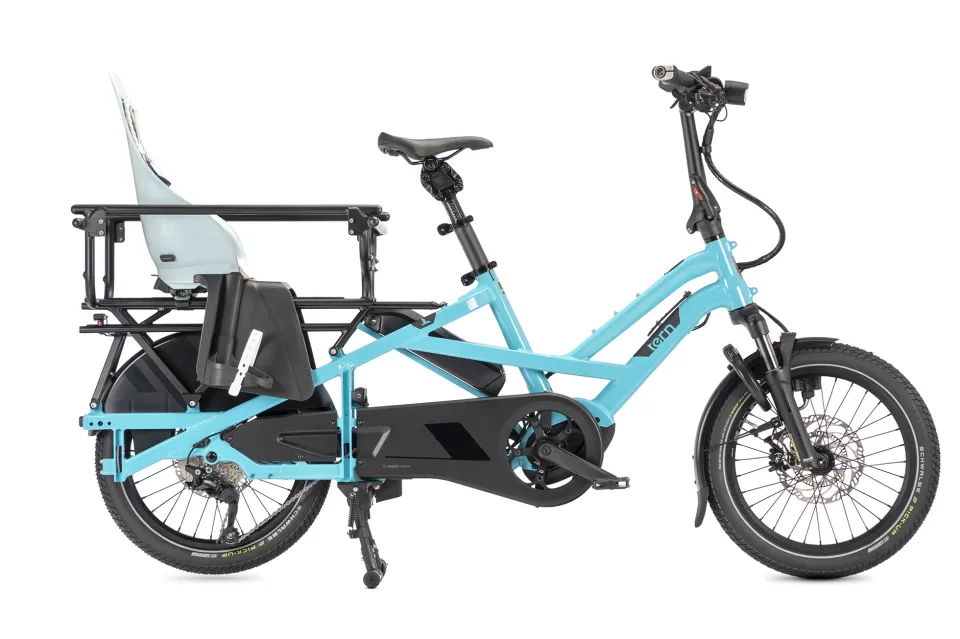 Tern GSD Gen 3 family cargo bike with the Clubhouse passenger rail and a compatible child seat.