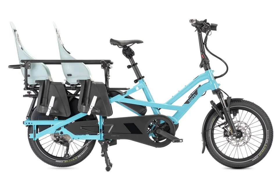 Tern GSD Gen 3 family cargo bike with the Clubhouse passenger rail and two compatible child seats.