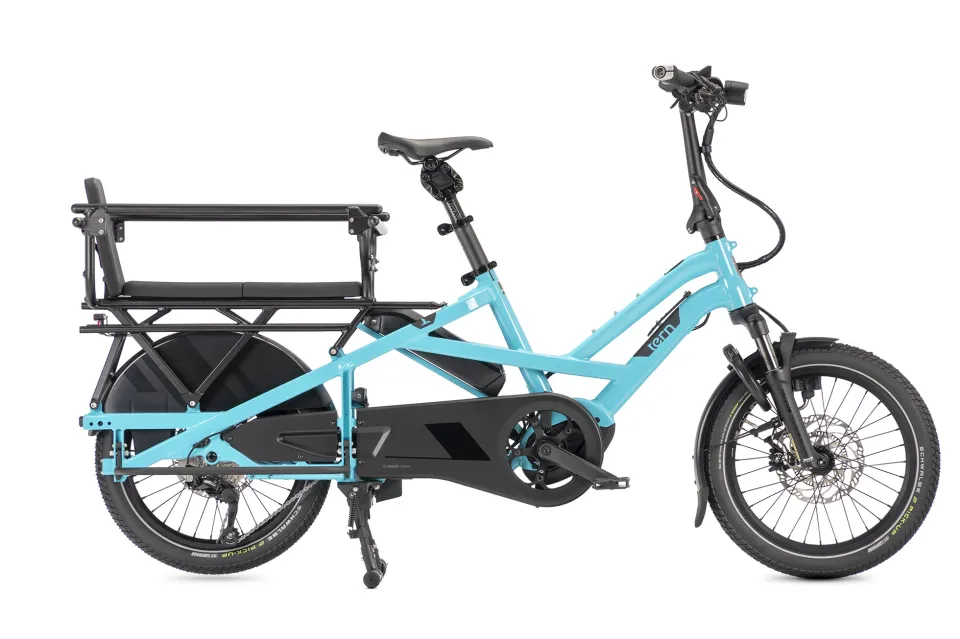 Tern GSD Gen 3 cargo ebike with the Clubhouse passenger rail, Clubhouse Seat Pads, Clubhouse Backrest, and Stow Decks for foot and leg support.
